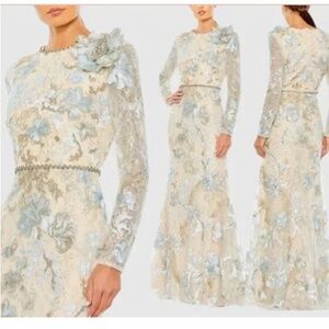 Mac Duggal Floral Embroidered Lace Trumpet Gown, Ice Blue, Size 2, Long sleeve